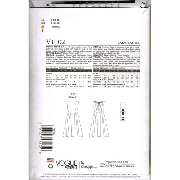 Vogue V1102 Misses 14 to 20 Special Occasion Dress Uncut Sewing Pattern - Picture 2 of 2